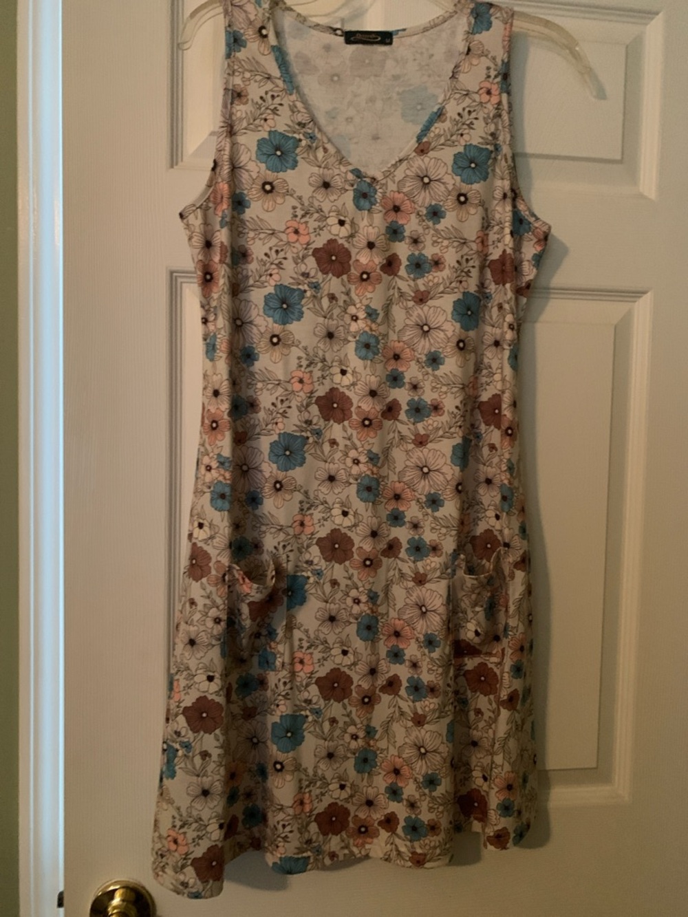Sleeveless V-Neck Midi Dress in Cream with Blue & Brown Floral Print